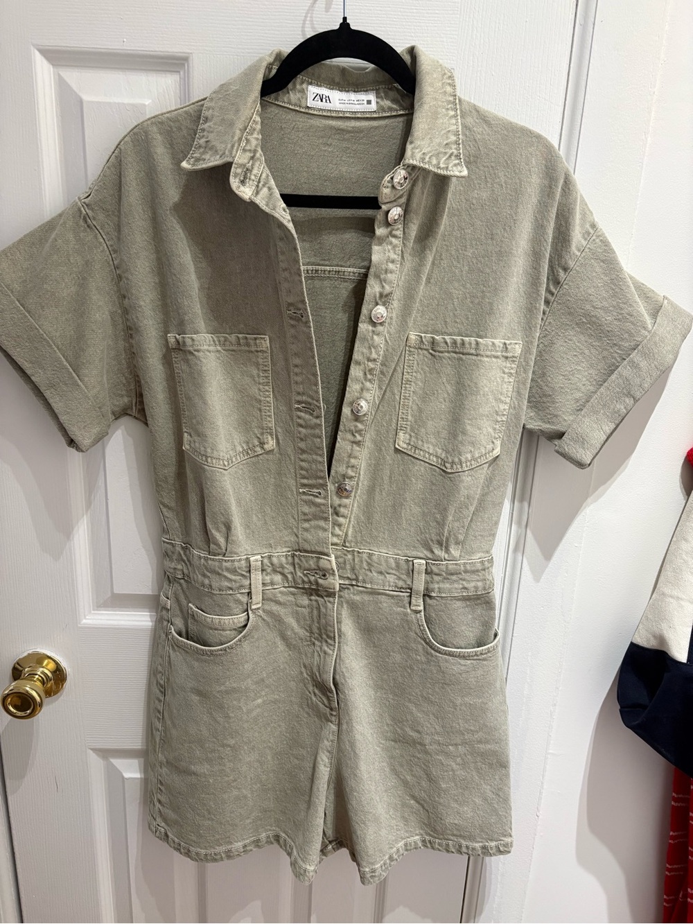 Zara Short-Sleeve Denim Romper in Light Olive